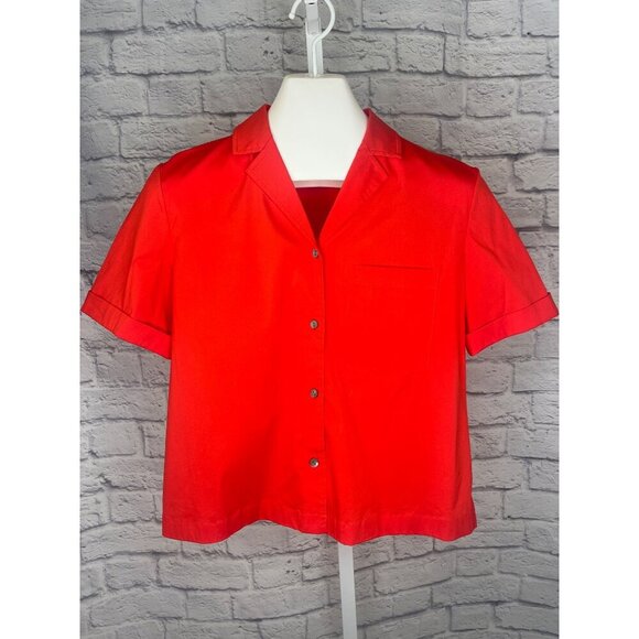 Theory Button Up Short Sleeve Camp Blouse Size MED Red Color - Picture 7 of 8